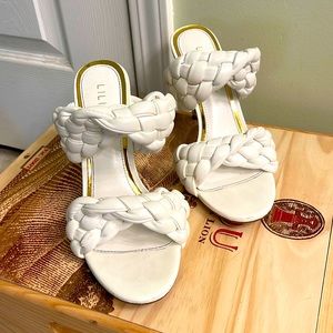 White braided strap heeled Liliana sandals